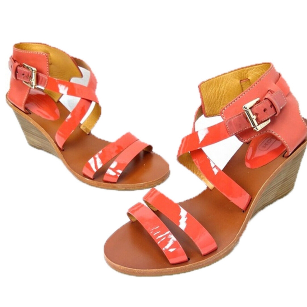 Coach Prue Patent and Leather Cross Cross Wedge Sandal